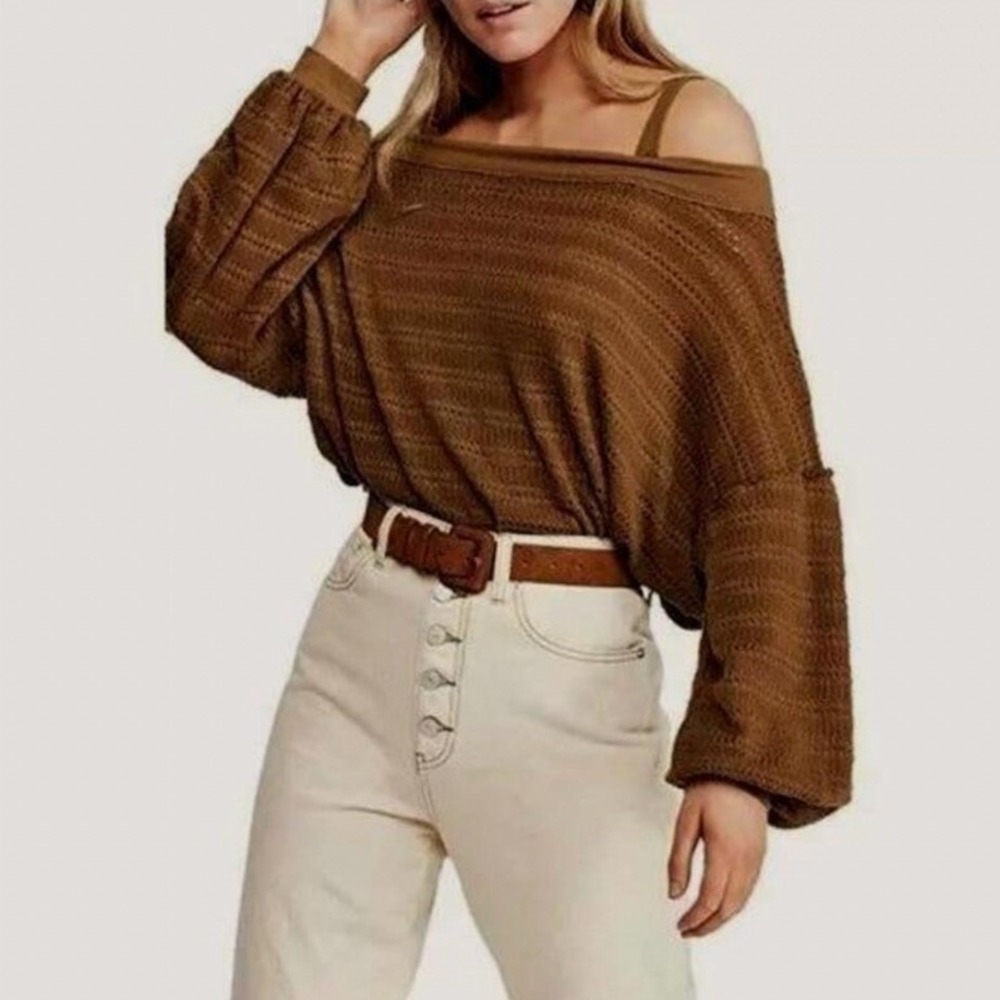 Free People Brown Open Knit Off Shoulder Pullover Sweater Boho XS